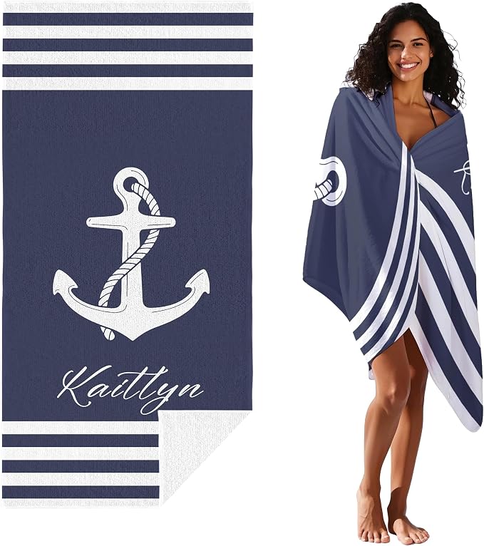 JML Personalized Beach Towel with Name, Custom Anchor Beach Towel, Customized Microfiber Pool Towel, Quick Dry & Absorbent Swim Towel for Adult,Anniversary, Birthday, Summer Holiday,Vacation - Image 2