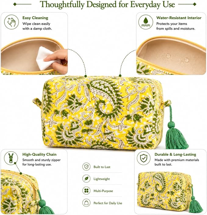 Huar Travel Makeup Bag- Large Capacity Cosmetic Bags for Women - Water Resistance Lining Portable Pouch & Open Toiletry Bag - Perfect Girls Makeup Organizer for Travel Essentials (Velvet Lemon Bloom) - Image 3