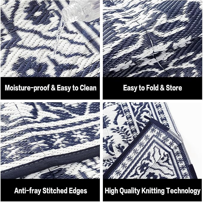 PureCozy Outdoor Waterproof 9x12 Plastic Straw Patio Rug Navy Blue Reversible for Outside Vintage Oriental Carpet Lightweight Large Rug for RV Deck Beach Balcony Picnic Backyard Entry Porch - Image 8