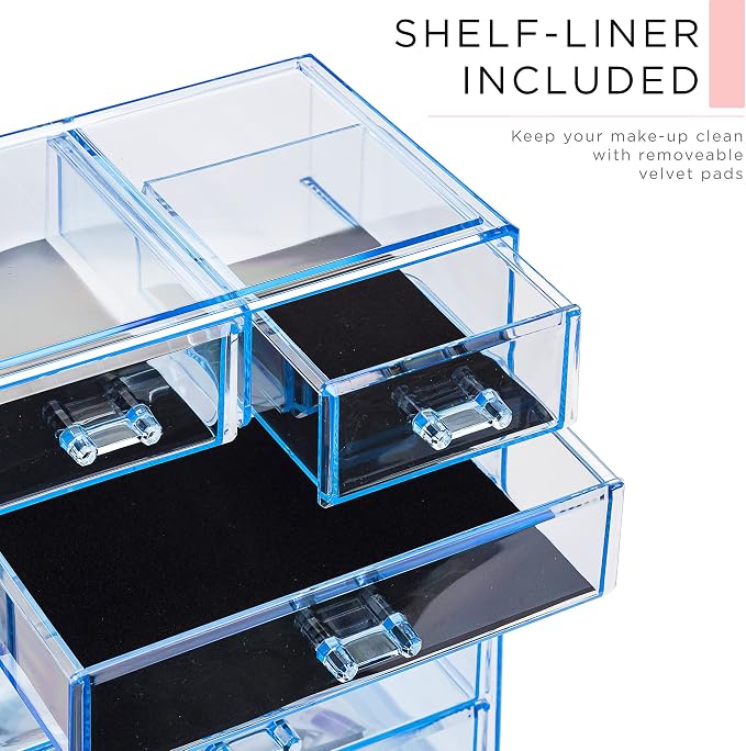 Sorbus Acrylic Makeup Organizer Set, 6-Drawer Vanity & Countertop Cosmetic Storage with Small & Wide Compartments, Blue Brilliance Makeup Storage for Brushes, Jewelry – Holiday Gift for Women & Teens - Image 6