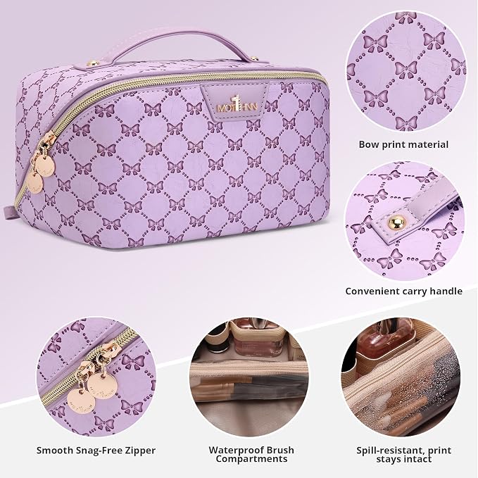 Travel Makeup Bags for Women: Luxury Bow Print Make up Bag | Bow Print That Stays as Sweet as You,3 Set Large Capacity Cute Cosmetic Case - Waterproof Leather Toiletry Organizer Bag - Image 3
