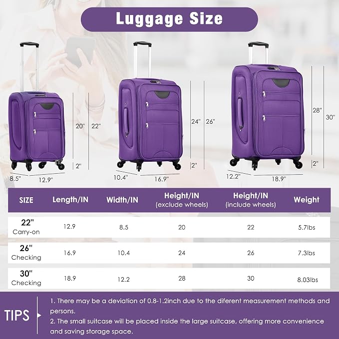 Merax 5 Piece Luggage Set,Expandable Softside Suitcase Set.Purple | Carry-On Luggage Included,Durable and Lightweight Travel Suitcase Set with Spinner Wheels and TSA Lock.22"/26"/30" - Image 2