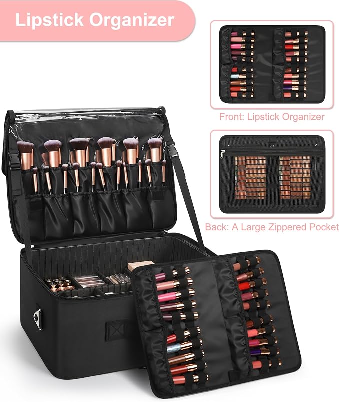 Relavel Extra Large Cosmetic Case, Travel Makeup Bag with 4 Clear Pouches & Lipstick Plate, Portable Cosmetic Case Storage Organizer Box for Makeup Artists with Shoulder Strap & Adjustable Dividers - Image 4