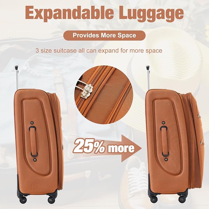 Merax Softside Luggage Set Softshell Lightweight 3 Piece Spinner Suitcase | Travel Suitase with TSA Lock Spinner Wheels Lightweight Upright Luggage,Orange - Image 3