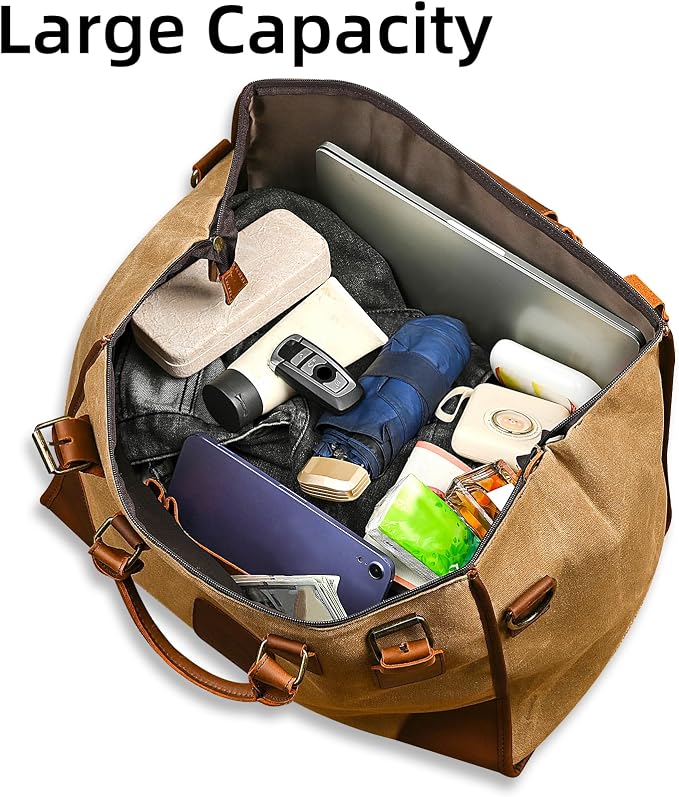 Canvas + Leather Travel Luggage Tote Duffle Gym Suitcase Weekender Overnight Bag For Men Male FB8151 (8151-Khaki-Shoulder Strap) - Image 6