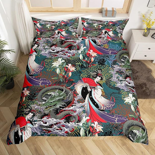 Dragon Duvet Cover Twin Japanese Style Exotic Bedding Sets Animal Pattern Plant Floral Decor Comforter Cover Asian Culture Theme Bedding with Zipper Ties Soft Luxury Duvet Cover for Adult Women Girls by Erosebridal
