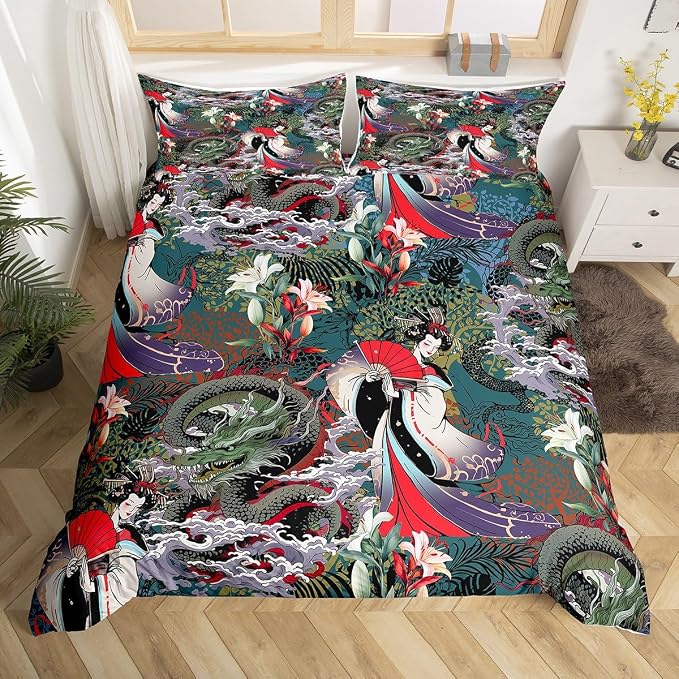Dragon Duvet Cover Twin Japanese Style Exotic Bedding Sets Animal Pattern Plant Floral Decor Comforter Cover Asian Culture Theme Bedding with Zipper Ties Soft Luxury Duvet Cover for Adult Women Girls by Erosebridal