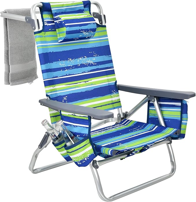 Giantex Folding Beach Chair, Patio Sling Chairs with 5 Adjustable Position, Head Pillow, Storage Bag, Towel Bar, Cup Holders, Backpack Chairs for Sunbathing, Camping Chair - Image 11