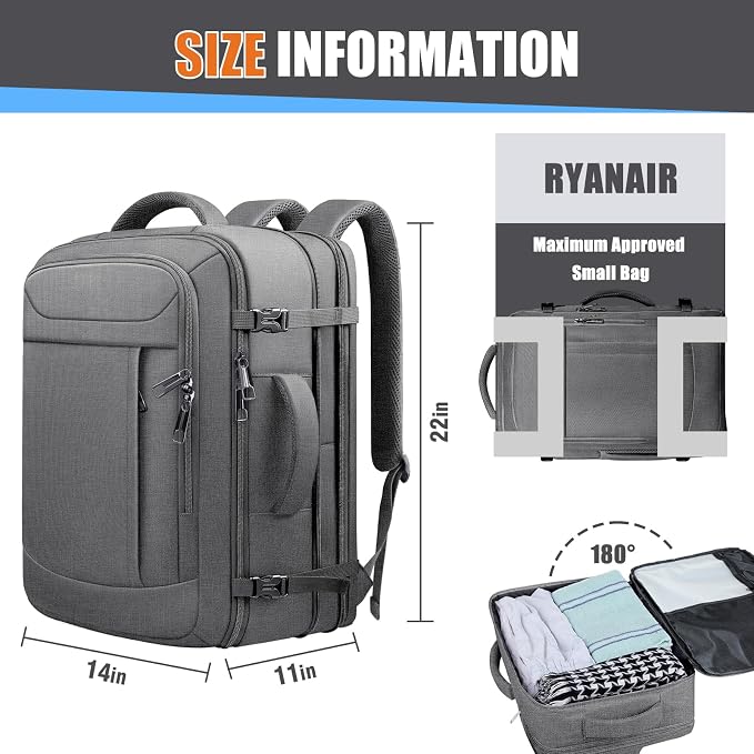 Expandable Carry on Backpack 45L-55L, Extra Large Travel Backpack Hiking Camping Rucksack with Waterproof Wet Pocket, Anti-Theft 18.4 Inch Gaming Laptop Bag for Road Trip Outdoor Sports, Grey - Image 2