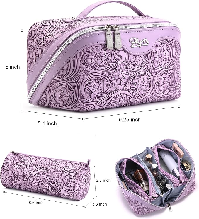 BOYATU Travel Makeup Bags Cosmetic Organizer Bag: 3 Pcs Set Large Capacity Floral Make up Bag with Compartments - Waterproof Leather Toiletry Bags with Handle for Women (21-Purple) - Image 2