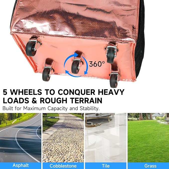 Large Reusable Grocery Bag On 5 Wheels, 130L Foldable Rolling Tote Bag, Heavy Duty Shopping Cart with Multiple Pockets, Rolling Grocery Bag, Zipper Closure & Handles for Shopping Travel, Rose Gold - Image 4