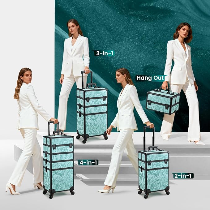 Stagiant Rolling Makeup Case 4 in 1 Cosmetology Case on Wheels Makeup Travel Case with Cosmetic Bag Key Swivel Wheels Salon Barber Case Traveling Cart Trunk Cosmetic Trolley Alpine Blue - Image 6