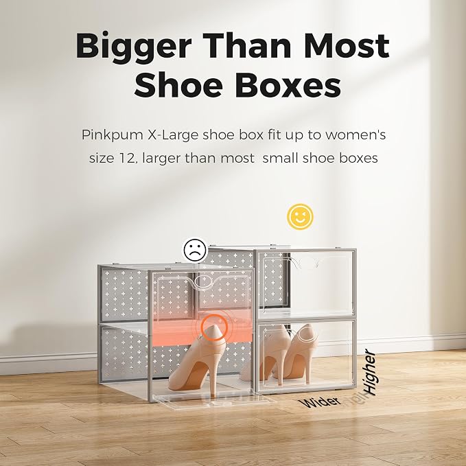 Pinkpum 12 Pcs XLarge Shoe & Sneaker Storage Organizer Box Clear Plastic Stackable Closet Grey - Image 5