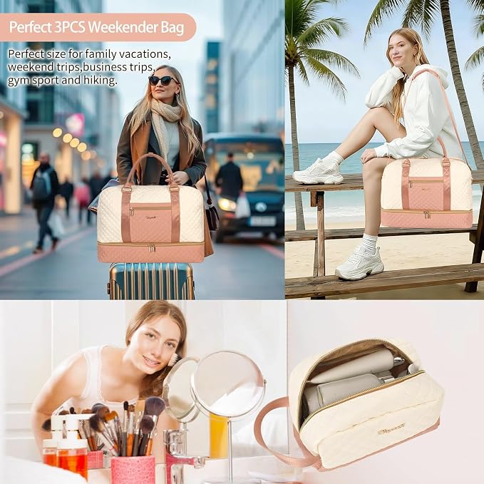Wogarl 3PCS Weekender Bags for Women Large Overnight Bag Weekend Travel Duffel Bag Carry on Shoulder with Shoe Compartment Canvas Toiletry Bag for Travel Business Gym,Pink Beige - Image 4
