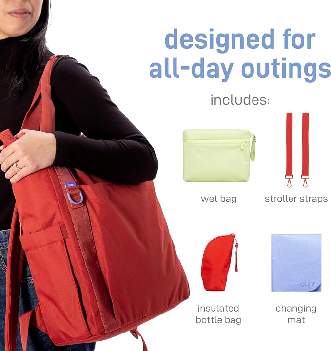 Ubbi Fleuri All-Day Diaper Bag Backpack, Features 12 Pockets, Insulated Bottle Pocket, Wet Bag, Changing Mat, Stroller Straps and Dust Pouch, Lightweight, Easy-Clean & Travel Ready, Wild Poppy - Image 4