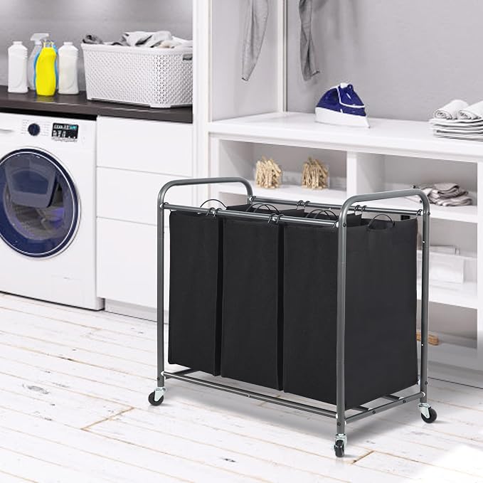 STORAGE MANIAC 3 Section Laundry Sorter, 35.6 Gal (135 L) Laundry Hamper Cart with Heavy Duty Rolling Lockable Wheels and Removable Bags, Clothes Organizer Basket Separator Hamper, Black - Image 8