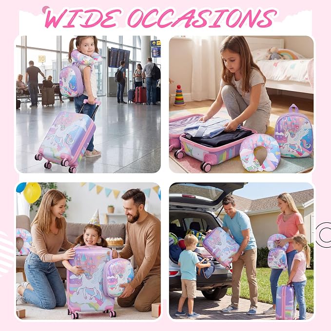 Sanwuta 4 Pcs Kids Luggage Set Back to School Gifts for Girls Boys Carry On Rolling Suitcase Backpack Neck Pillow Travel Set(18 Inch,Castle Unicorn Style,Pink Purple) - Image 6