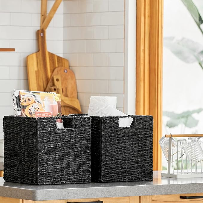 Vagusicc Storage Basket, Set of 2 Hand-Woven Storage Baskets for Organizing with Handles, Foldable Cube Storage Baskets Bins Organizer, 13 inch Large Wicker Baskets for Shelves & Decor, Black - Image 3