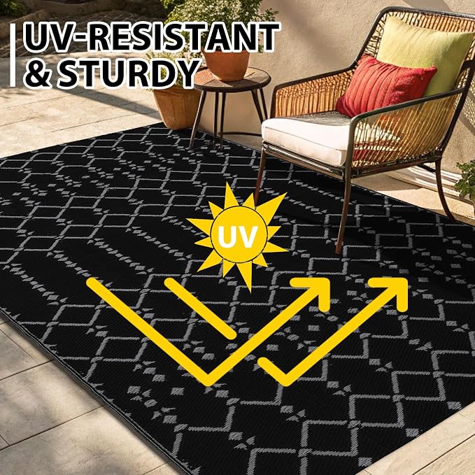 Smiry Outdoor Rug 9x12 ft, Waterproof Reversible Plastic Straw Rugs, Boho Outdoor Area Rug, Outside Floor Mat for Patio, Backyard, Deck, Picnic, Beach, Camping, Dark Grey - Image 5