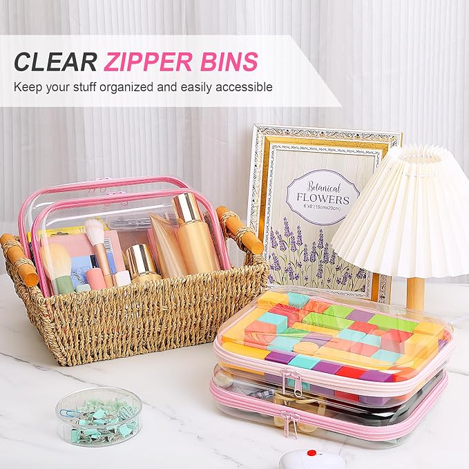 Hoolerry 4 Pcs Hard Clear Zipper Case Makeup Bags Plastic Zipper Pouch Transparent Storage Box Containers for Cosmetics, Snacks, Building Blocks, Puzzles(Clear,9.8 x 7.9 x 2 in,Pink) - Image 5