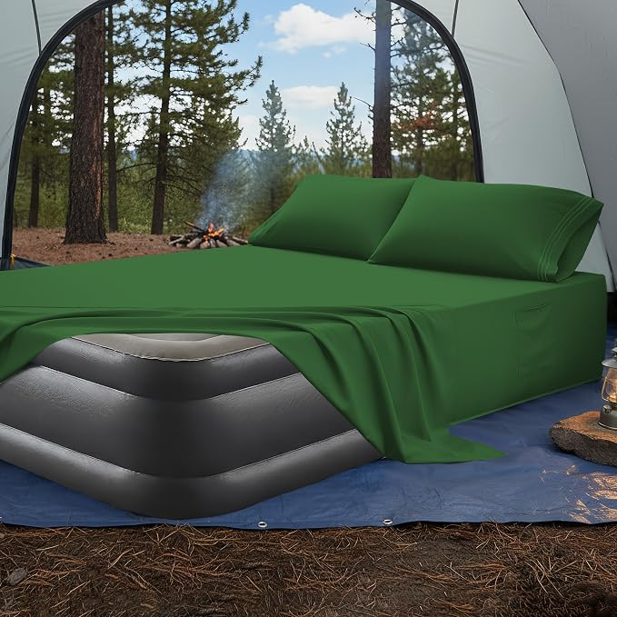 Mocassi 4-Piece Extra Deep Pocket 16-24 Inch Air Mattress Bed Sheet Set- 4PC Sheet Set with Smart Pockets Ideal for Air Beds, RVs, Camping and Guest Rooms Premium Hotel Quality, King, Hunter Green - Image 4