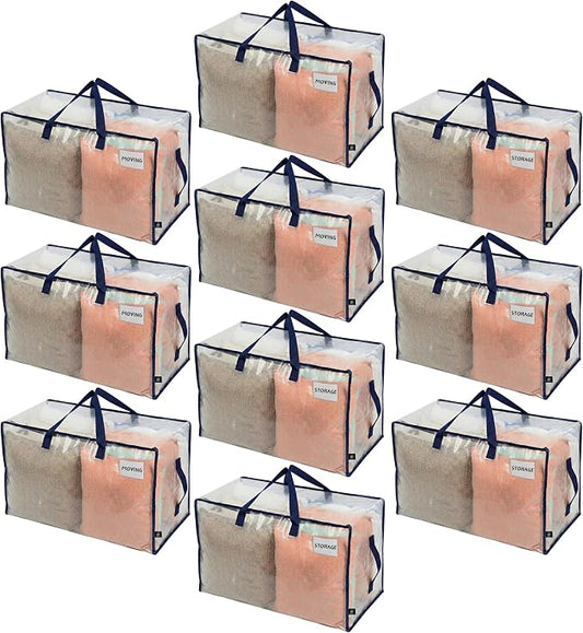 VENO 10 Pack Clear Extra Large Moving Bags & Storage Totes, Heavy Duty Organizer with Reinforced Handles & Strong Zippers for Clothes, College Dorm Essentials, Moving Supplies by Veno