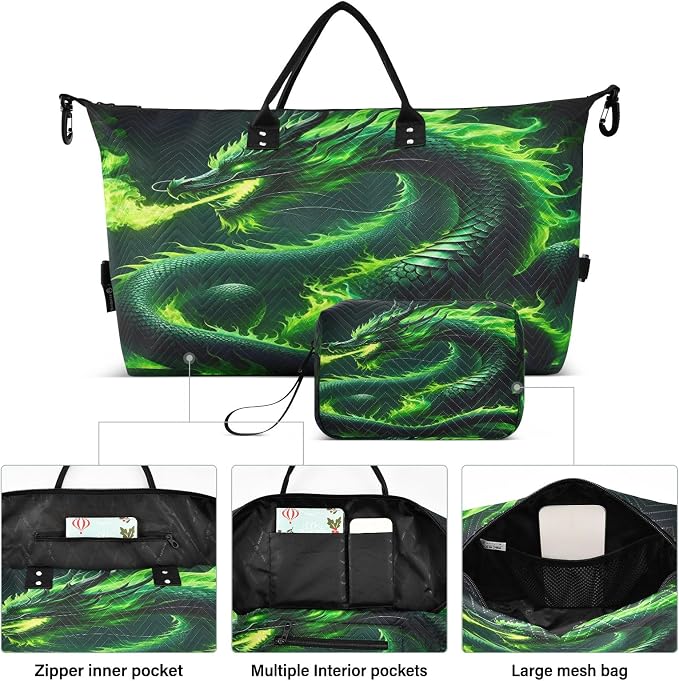 Green Fire Dragon Travel Duffle Bag Gym Yoga Carry on Bags for Men Women Weekender Bag - Image 2