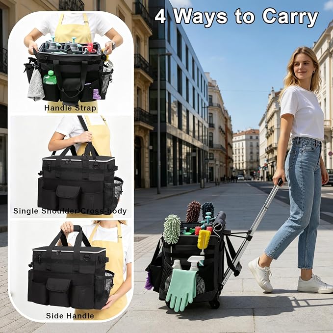 Large Rolling Cleaning Caddy with Wheels, Cleaning Supplies Organizer with Detachable Trolley, Water-resistant Cleaner Cart for Housekeepers, Multi Pocket Cleaning Cart with Shoulder Strap, Black - Image 8