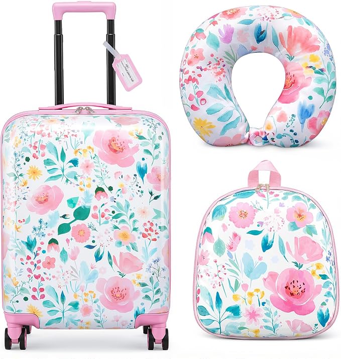Sanwuta 4 Pcs Kids Luggage Set Back to School Gifts for Girls Boys Carry On Rolling Suitcase Backpack Neck Pillow Travel Set(18 Inch,Flower Style,Pink Green) - Image 8