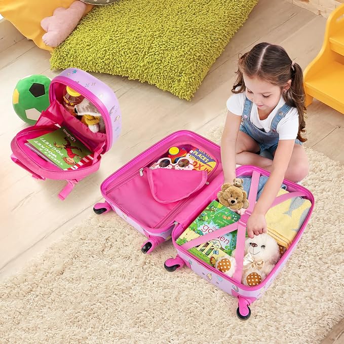 HONEY JOY Kids Luggage, 12" Toddler Backpack & 16" Travel Suitcase with Wheels, Lightweight Toddler Girls Suitcase, Durable ABS Hardshell, 2Pcs Carry On Luggage Set for Boys Girls(Pink Horse) - Image 2