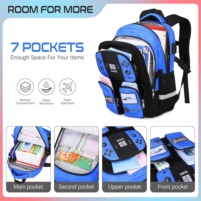 Jafeton Gamer Backpack for Boys, 3PCS Boys Backpack with Lunch Box & Pencil Pouch, Waterproof School Bags for Boy Kids Children Teens, Elementary Middle School, Kids Book Bag Casual Daypack (Blue) - Image 3