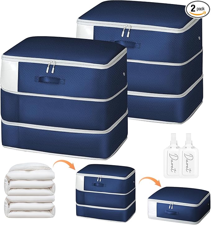 Comforter Storage Bag - Large Capacity Blanket Storage Bags 3-Layer Ultra Space Saving Self Compression Organizer, Washable Compression Bags for Storage Comforter Blanket, 2-Pack, Navy Blue by EasortmPackingCubes