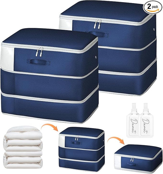 Comforter Storage Bag - Large Capacity Blanket Storage Bags 3-Layer Ultra Space Saving Self Compression Organizer, Washable Compression Bags for Storage Comforter Blanket, 2-Pack, Navy Blue by EasortmPackingCubes