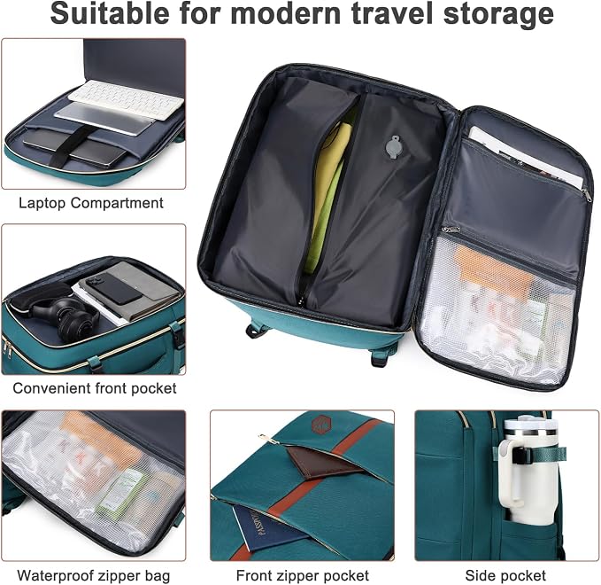 40L Travel Laptop Backpack for Women & Men, Airline Approved Carry On Luggage Overnight Bags, Waterproof Personal Item Bag, Weekender Essentials Backpacks Vacuum Backpack Dark Green - Image 5