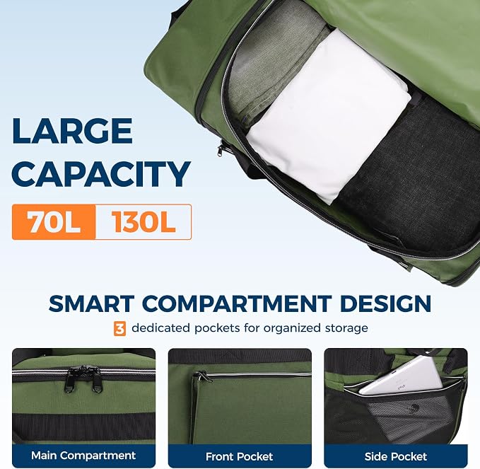 Uarition 70L Foldable Rolling Duffle Bag with Wheels, 28” Large Duffle Bag for Travel, Carry On Luggage Duffel Bag for Traveling/Camping/Moving, Water Resistant, Green - Image 3