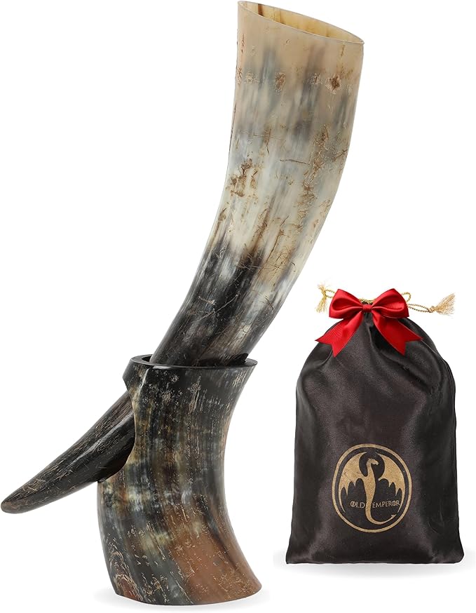 OLDEMPEROR Viking Drinking Horn - 12 Inch with Horn | Handmade Beer Cup | Food Grade | Unique Genuine Ox with Iron Stand | Natural Shine Finish | Chirstmas Viking Gift for Men & Women