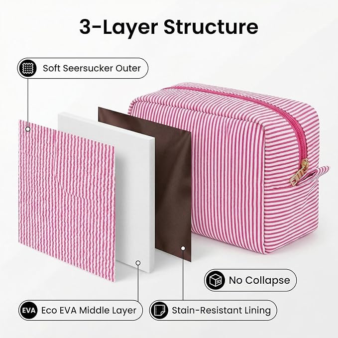 6 PACK Makeup Bags-Bulk Graduation Gifts Seersucker Cosmetic Bag for Women Bridesmaid Gifts Makeup Pouch for Wedding Party Favors Bachelorette Party Decorations Travel Toiletry Organizer(6, Pink) - Image 3