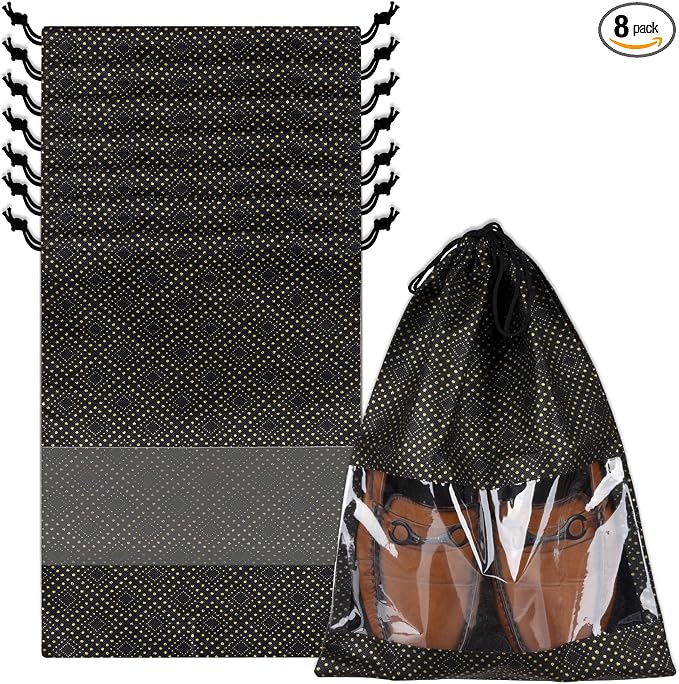 Kuber Industries Shoe Bags | Shoe Bags for Travel | Drawstring Shoe Storage Bags | Storage Organizers Set | Shoe Cover with Transparent Window | Shoe Pouches | Golden Dot-Print | Pack of 8 | Black by Kuber+Industries