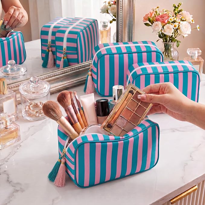 Kacctyen 6 Pack Blue and Pink Striped Makeup Bag bulk with Tassel Travel Cosmetic Pouch Organizer Large Zipper Toiletry Case for Women Aesthetic Storage Pouch Mahjong Tile Bag - Image 3