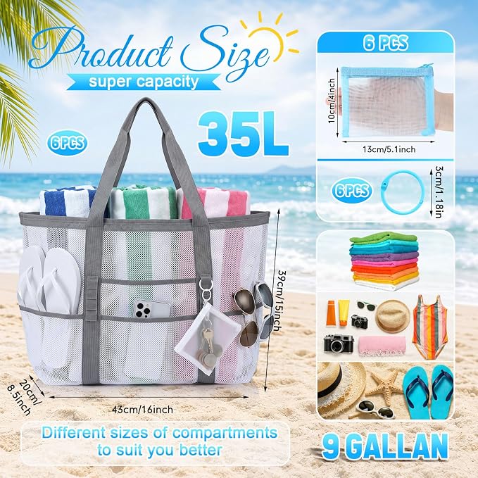 Hillban Large Mesh Beach Bag Bulk for Women Waterproof Sandproof Pool Tote Bag with 8 Pocket Small Zipper Pouch with Ring - Image 2