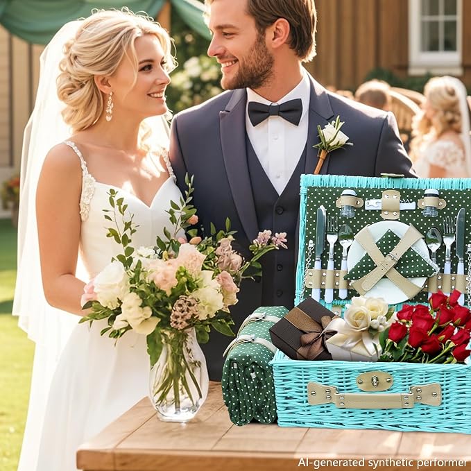 YPshuye Picnic Basket Set for 4 with Waterproof Blanket Mat Insulation Bag Wicker Blue Green Light Hawaiian Tropical Style Gift for Wedding Birthday Summer Camp Outdoor Camping Beach Travel Christmas - Image 10