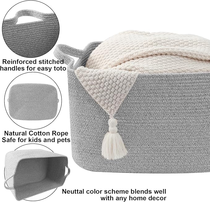 65L Collapsible Woven Rope Laundry Basket with Handles, Grey | 21x16x12 Foldable Rectangular Blanket Basket for Toys, Clothes & Pillows,Ideal for Nursery, Bathroom, Bedroom, Living Room - Image 3