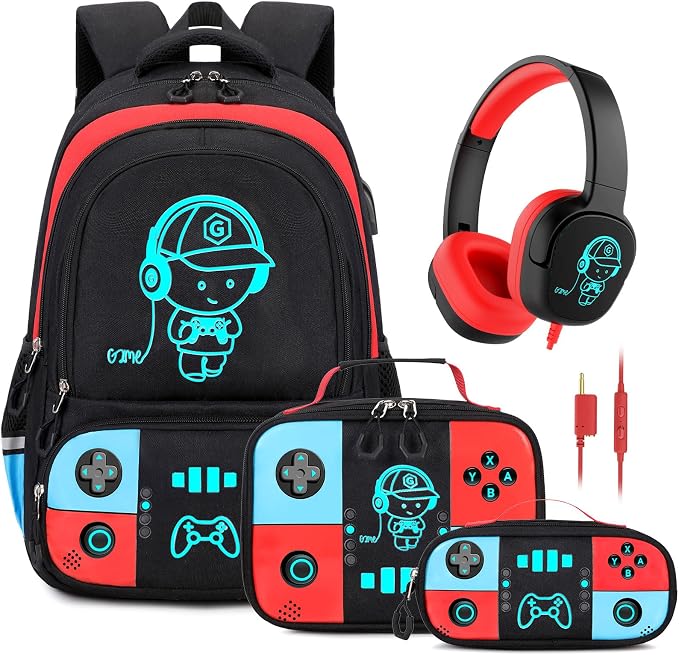 Bevalsa Backpack for School Boys,Cool Luminous Gamer Boys Backpacks with Wired Headphones Lunch Box Pencil Case,Kids Schoolbag for Kindergarten Elementary School(Red Blue Backpack with Headphones) by Bevalsa