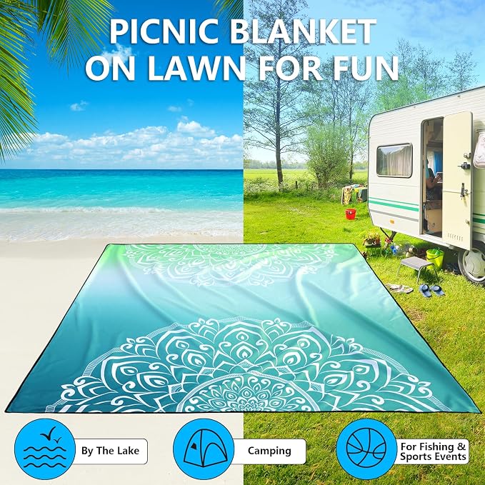 WIWIGO Beach Blanket Sandproof Extra Large Beach Mat Adults Waterproof Quick Drying Sand Free Mat Made by Premium Polyester with 4 Stakes & 4 Corner Pockets for Outdoor Travel Camping Hiking - Image 5