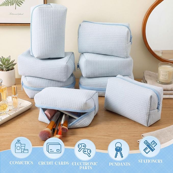 Gilprop 8 Pcs Holiday Gifts for Women Cozy Makeup Bag Portable Travel Waffle Toiletry Bag Soft Wedding Makeup Organizer Large Pouch with Zipper for Bridesmaid Friend (Light Blue) - Image 3