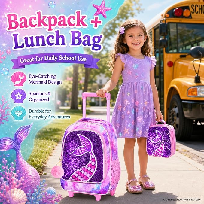 AGSDON 3PCS Rolling Backpack for Girls Boys, Kids Roller Wheels Bookbag, Wheeled School Bag with Lunch Bag - Image 8