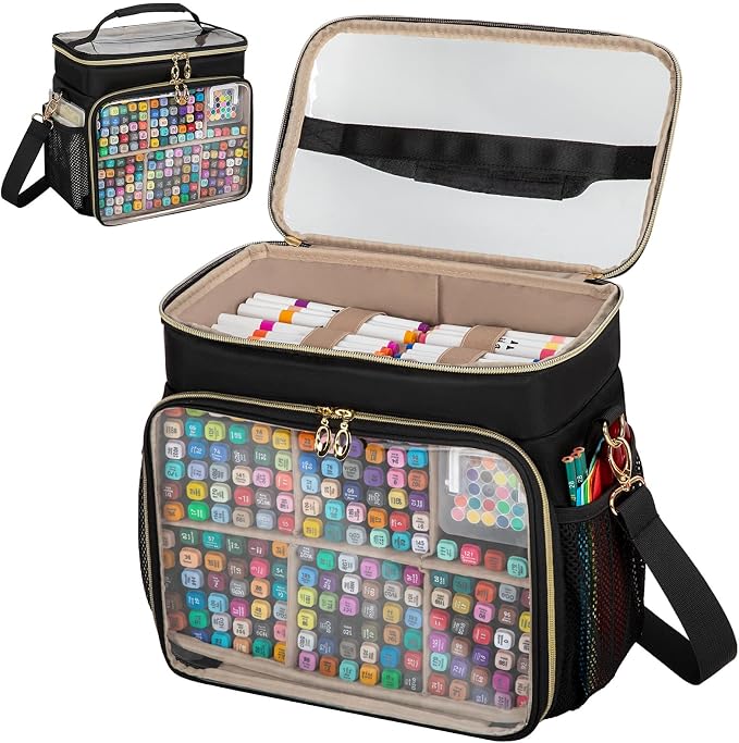 Large Marker Organizer Case for 200-300 Markers, Double-Layer Marker Bag with Removable Dividers, Marker Organizer for Markers, Pencils, Crayons or Other Art Supplies, Black (Bag Only) by wigojoy