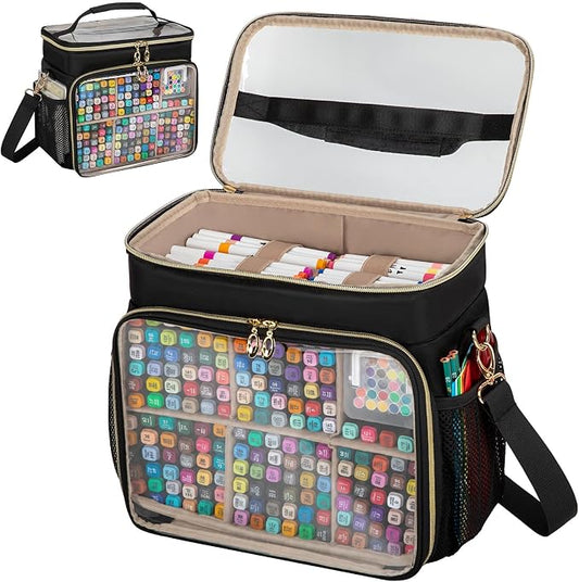 Large Marker Organizer Case for 200-300 Markers, Double-Layer Marker Bag with Removable Dividers, Marker Organizer for Markers, Pencils, Crayons or Other Art Supplies, Black (Bag Only) by wigojoy