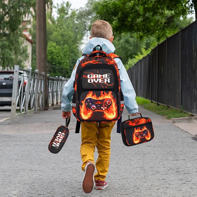 Bevalsa Backpack for Boys, School Bags for Kids, Bookbag for Boys Children Teens Backpacks for Elementary Middle High School Student, Bookbag and Lunch Bag Set with USB Charging Port (Orange Flame) - Image 6