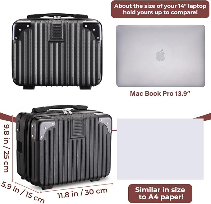 Noverlife 14 Inch Portable Hard Shell Cosmetic Travel Case, Mini Travel Hand Luggage with Elastic Band Travel Makeup Case, Small Makeup Carrying Suitcase for Train Cosmetic Bag Travel Camping - Black - Image 2